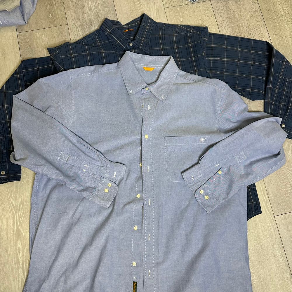 Timberland men's 2 button down long sleeve shirt plaid blue chambray